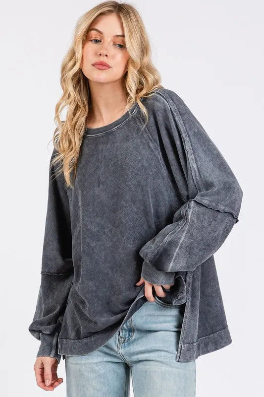 Mittoshop Mineral Wash Raglan Long Sleeve Oversized Top Titanium