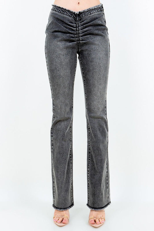 American Bazi V-Cut Ruched Flare Pants Black