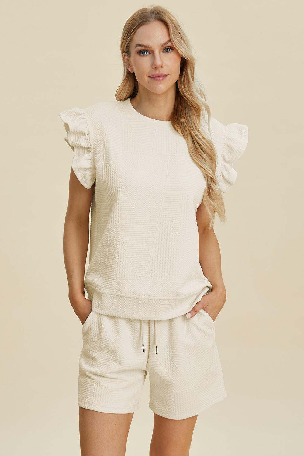 Double Take Full Size Texture Round Neck Ruffle Sleeve Top and Shorts Set Cream