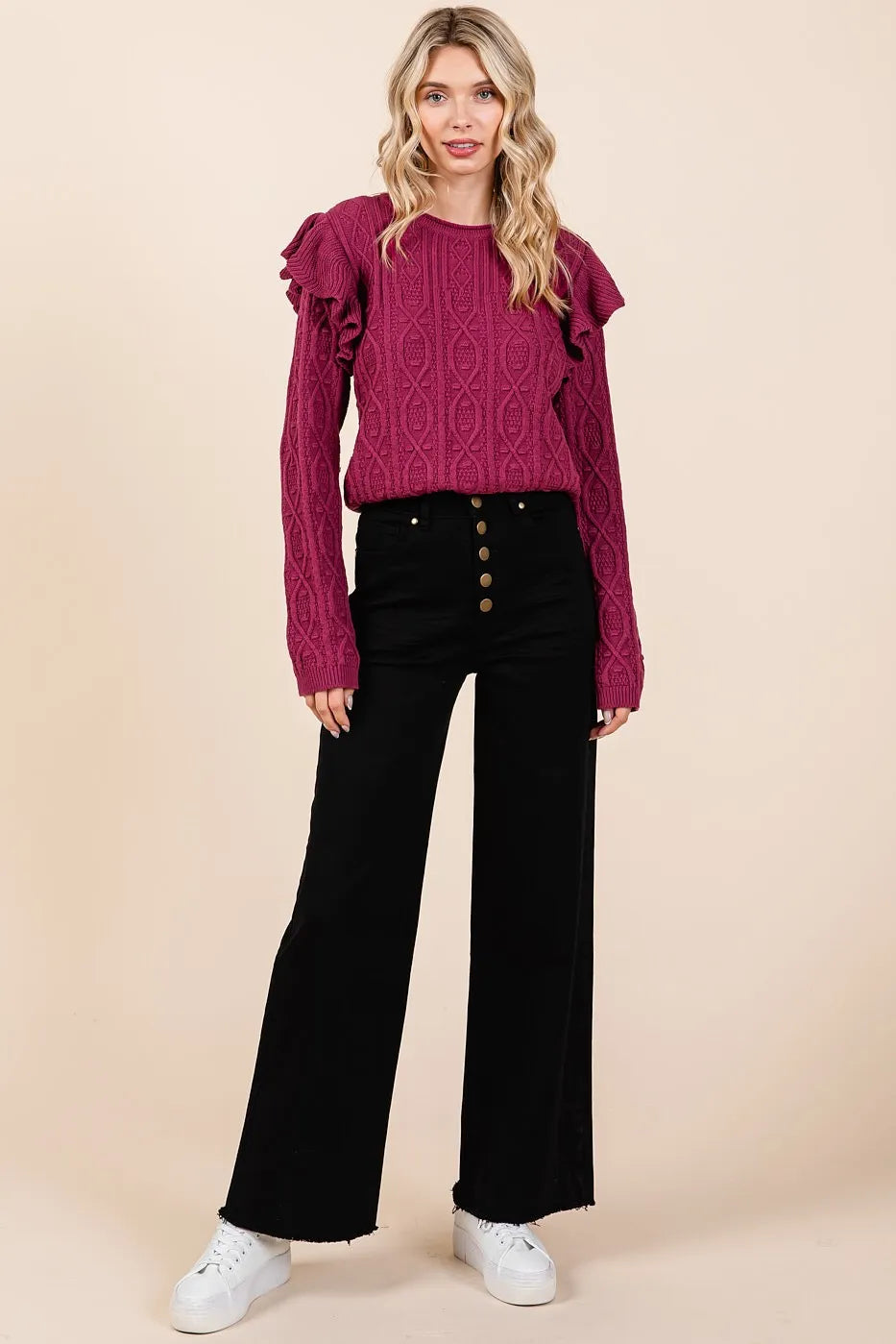 Mittoshop Twill High Waisted Button Fly Wide Leg Pants