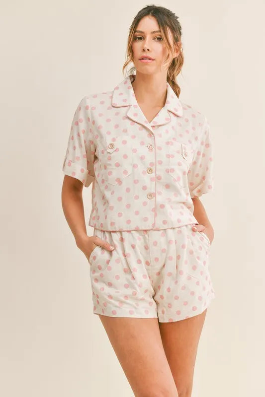 MABLE Polka Dot Collar Crop Top and Short Lounge Set Pink