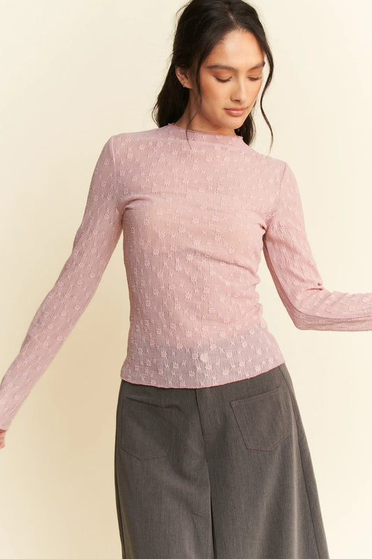 Davi & Dani Long Sleeve Sheer Small Embroidered Bows Lace Top DUSTY PINK
