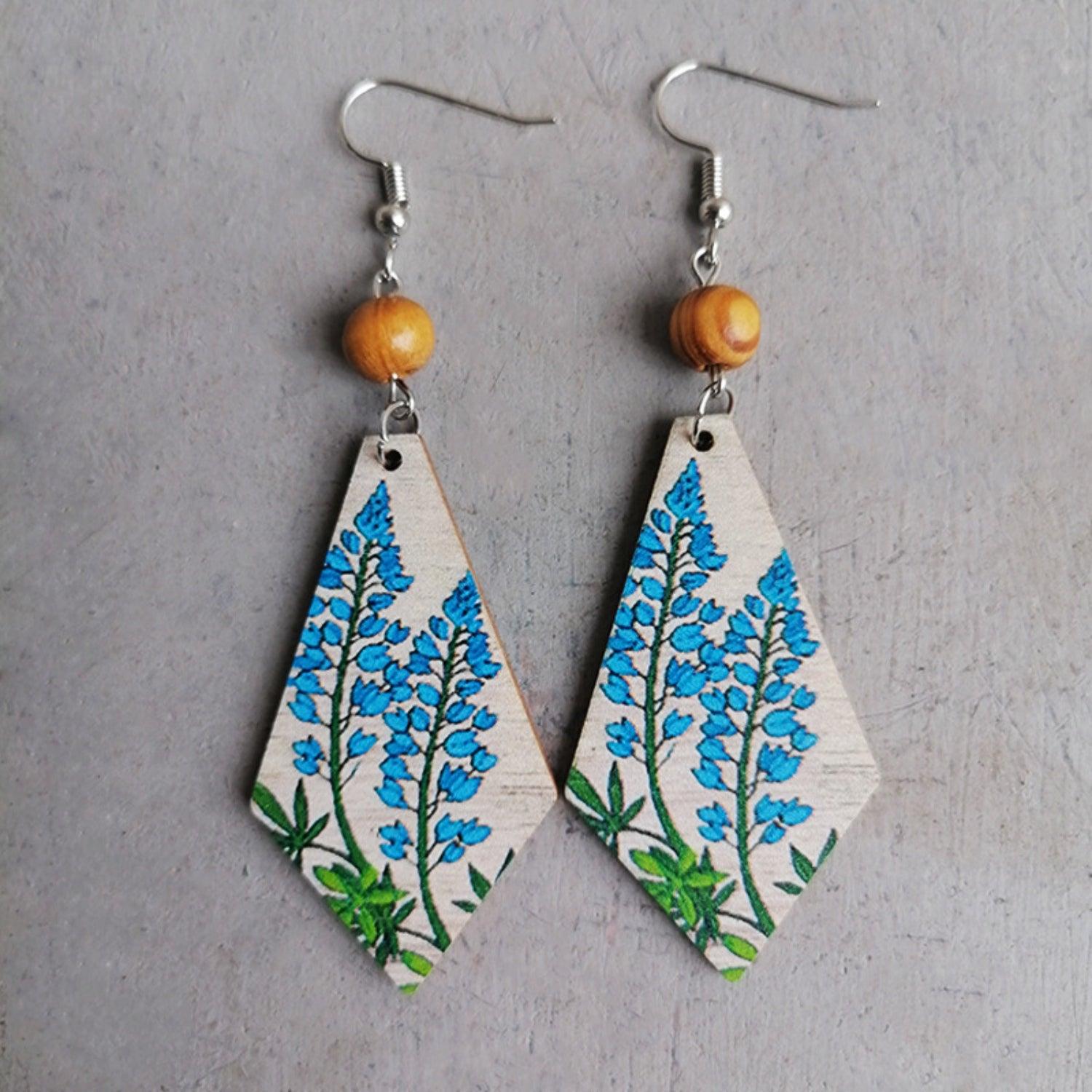 Floral Wooden Teardrop Earrings Cerulean One Size
