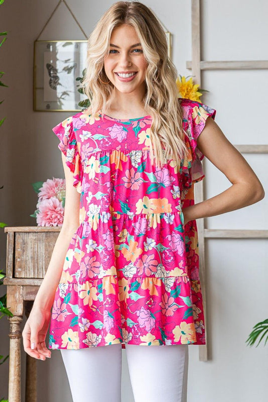 Heimish Full Size Floral Ruffle Sleeve Tiered Blouse Fuchsia Multi
