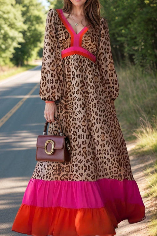 Leopard V-Neck Long Sleeve Maxi Dress Leopard