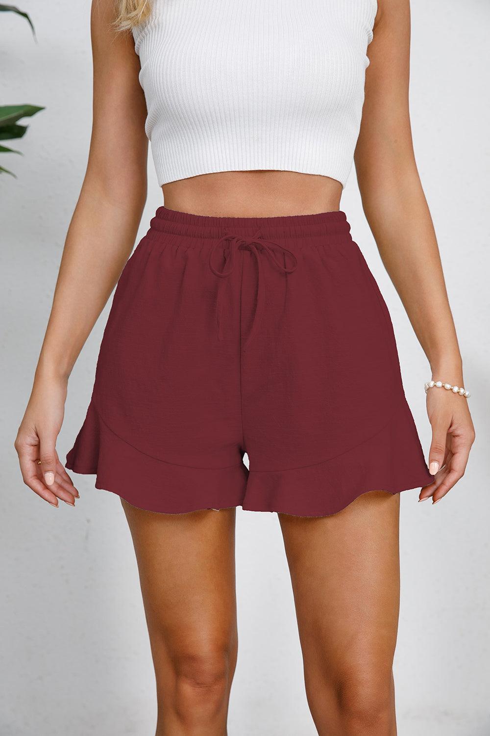 Full Size Drawstring Ruffle Hem Shorts Wine