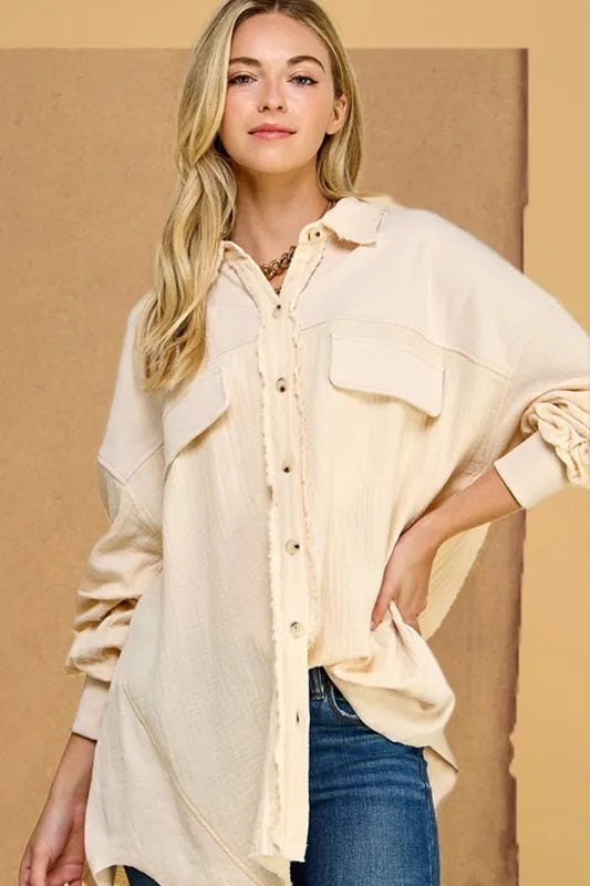 Lime 'N' Chili Oversized Mineral Wash Cotton Gauze Shacket SAND