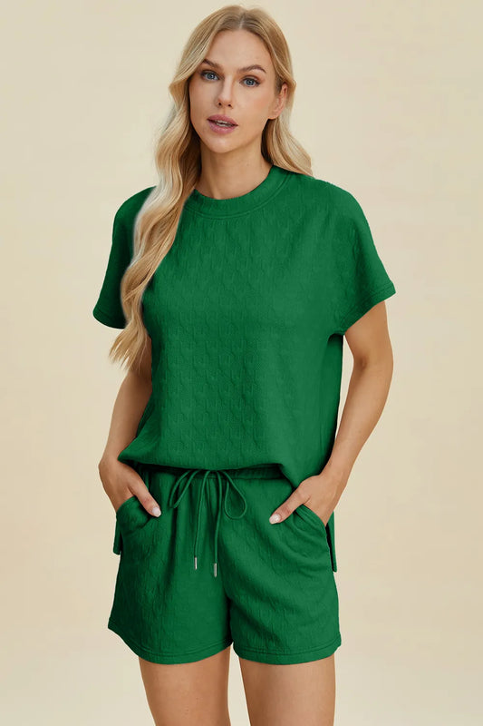 Double Take Full Size Texture Round Neck Short Sleeve Top and Shorts Set Dark Green