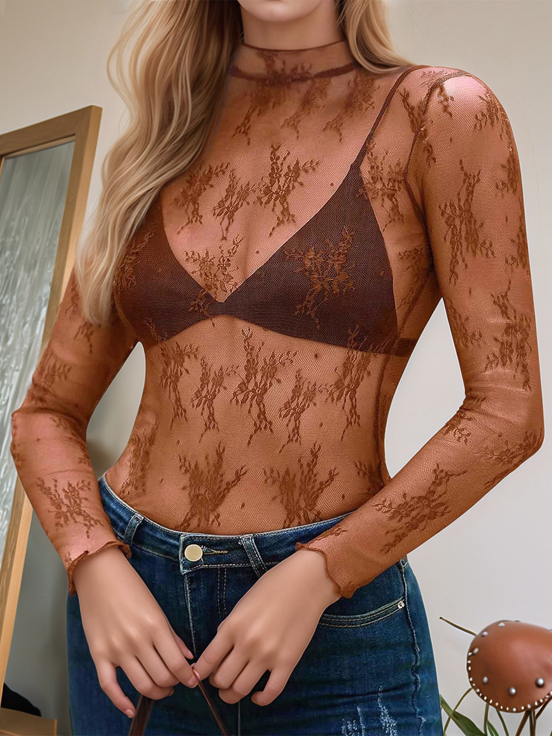 Floral Mock Neck Long Sleeve Mesh Top Caramel