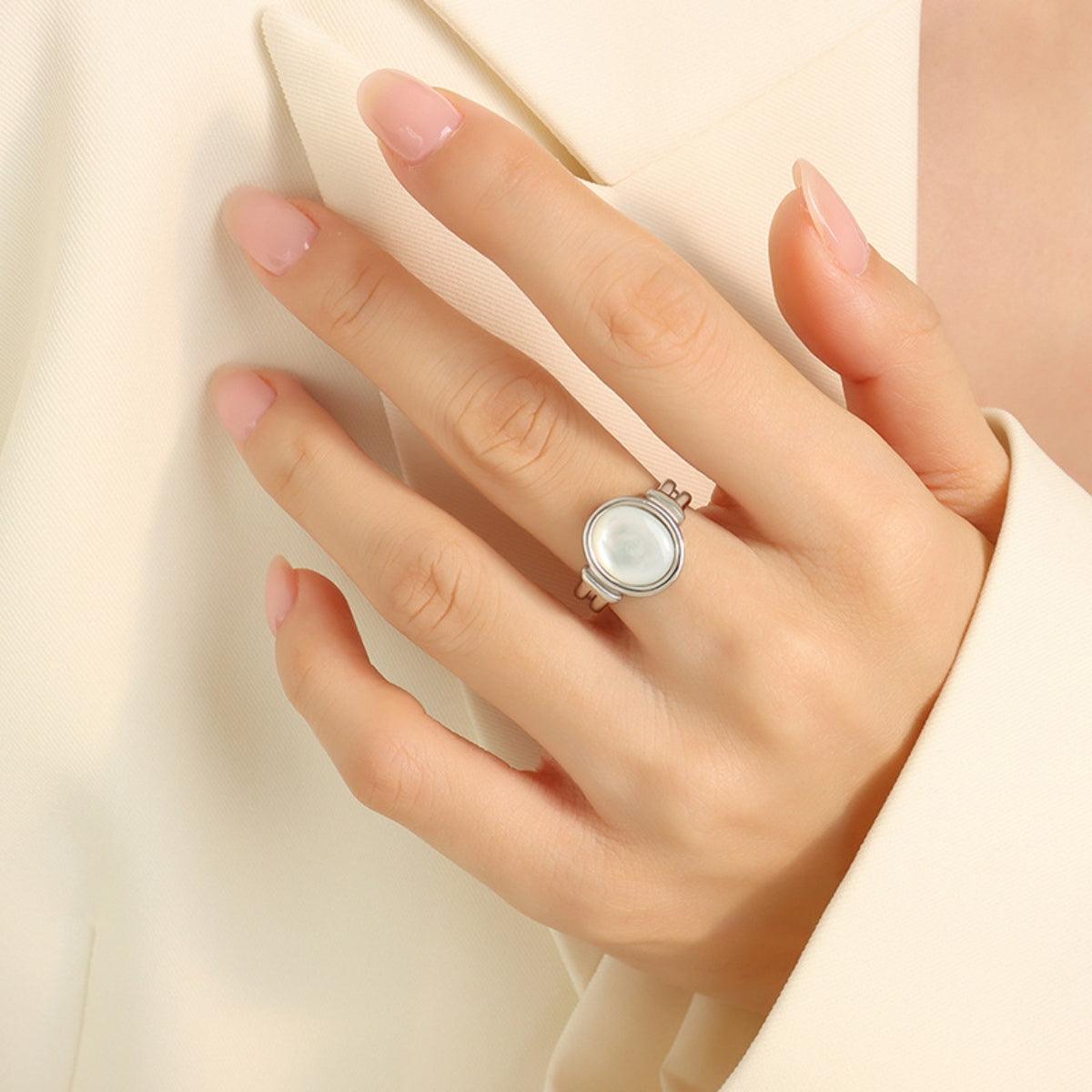 Titanium Steel White Sea Shell Ring Silver