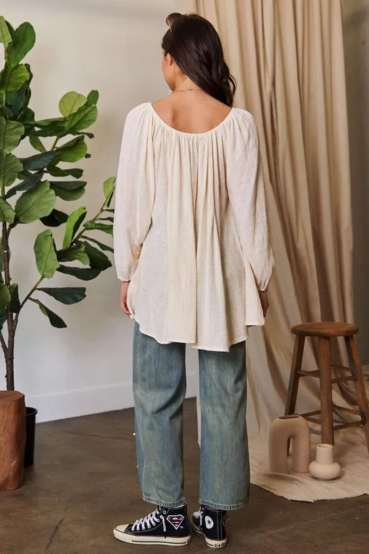 Davi & Dani Crinckled Texture Fabric Round Neck Swing Top