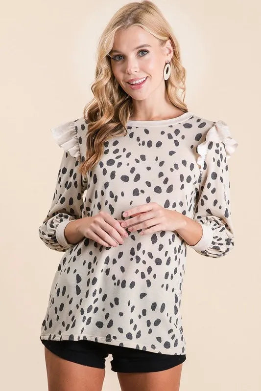 BiBi Dalmatian Print Terry Top with Contrast Band IVORY