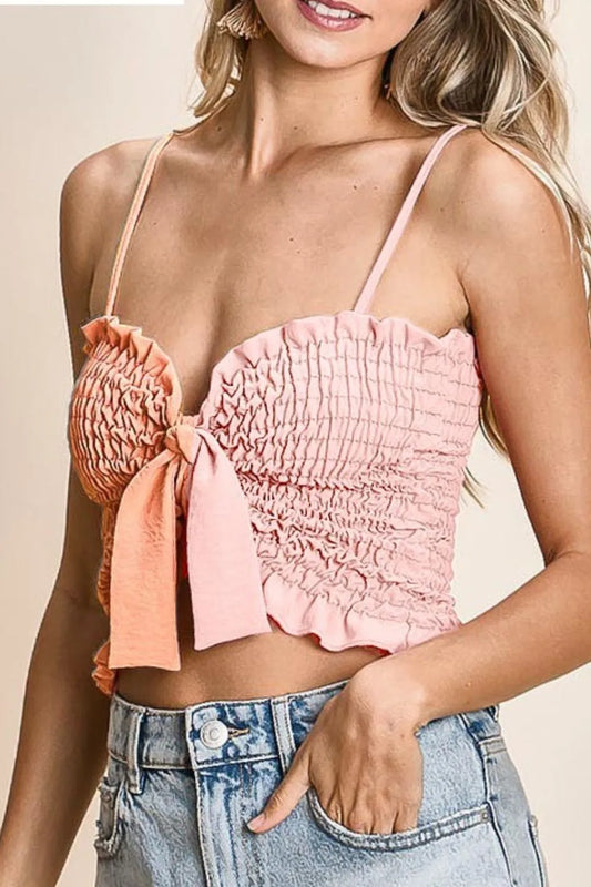 BiBi Woven Color Block Smocked with Ribbon Bra Top PEACH LT PINK