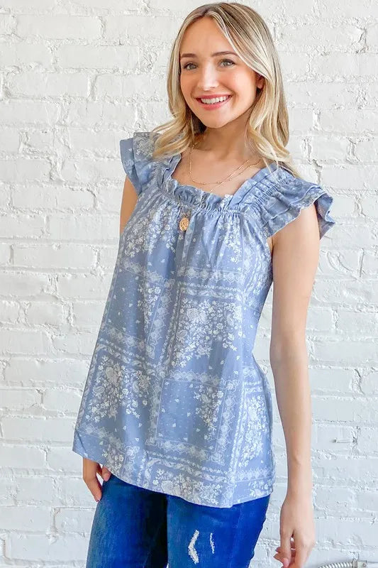 And The Why Boho Print Rayon Linen Ruffle Baby Doll Tank Top