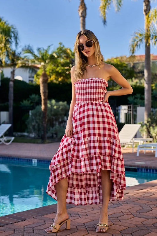 BiBi Smocked Body Off Shoulder Check Dress RED IVORY