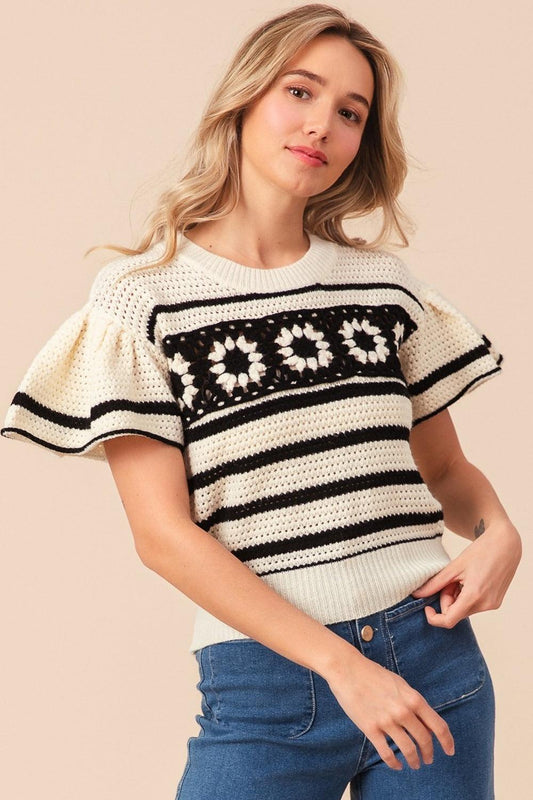BiBi Granny Square Short Sleeve Striped Sweater Ivory Black