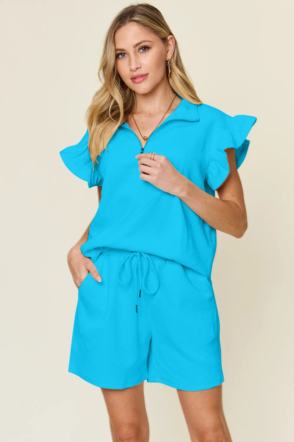 Double Take Full Size Texture Flounce Sleeve Top and Drawstring Shorts Set Aqua