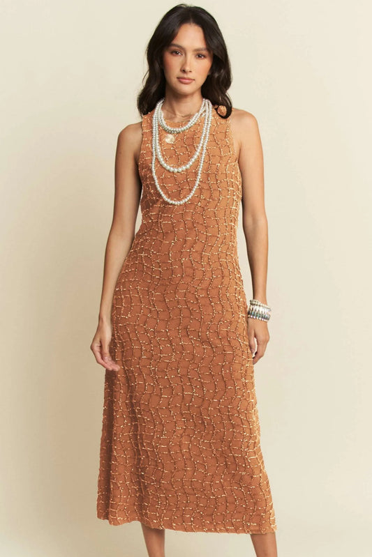 Davi & Dani Golden Textured Zippered Midi Dress