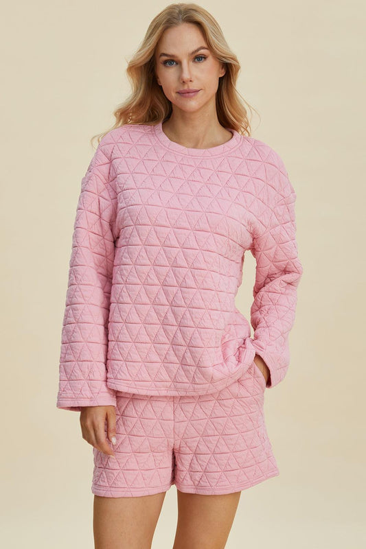Double Take Full Size Texture Round Neck Long Sleeve Top and Shorts Set Pink