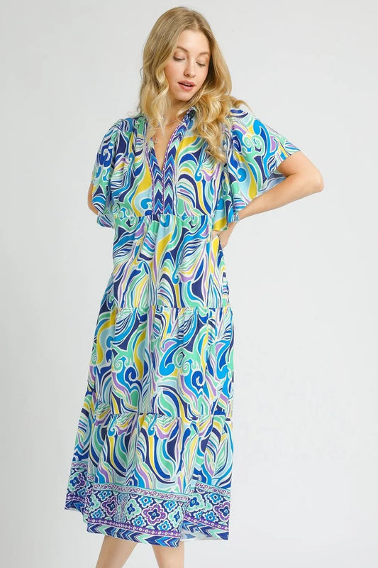 Umgee Printed Short Sleeve Tiered Midi Dress Pastel Blue