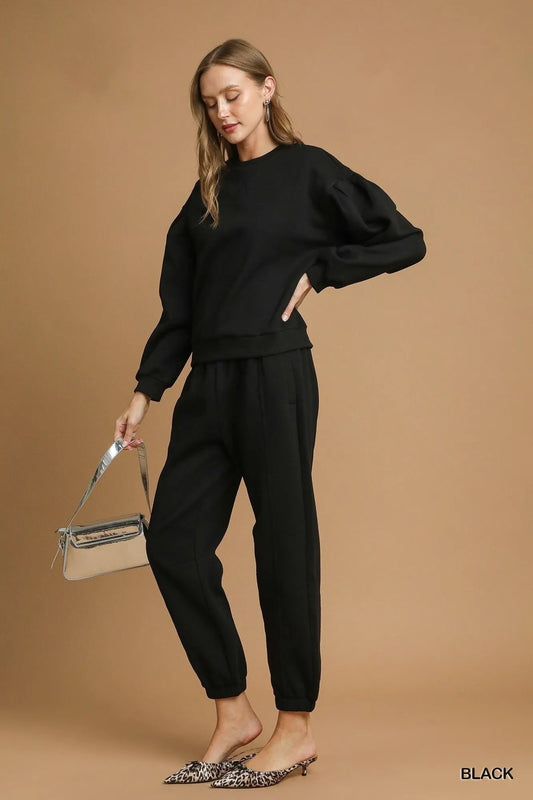 Umgee Fleece Jogger Pants with Drawstring Black