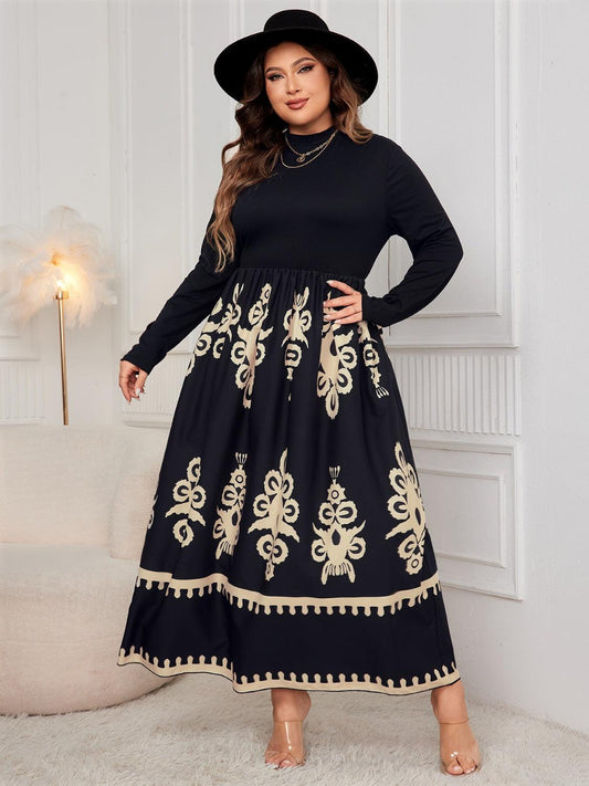 Honey Plus Size Printed Mock Neck Long Sleeve Dress Black