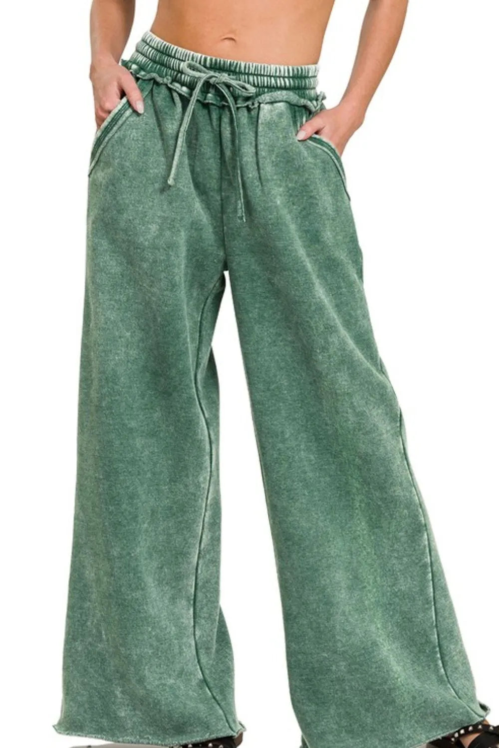 Zenana Acid Wash Fleece Palazzo Sweatpants with Pockets DK GREEN