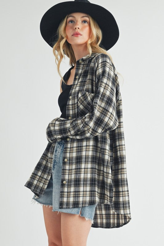 Aemi + Co Plaid Button Up Flannel Shirt with Chest Pocket Pastel Yellow