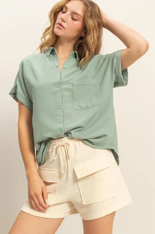 HYFVE Button Down Collared Neck Short Sleeve Shirt SAGE GREEN