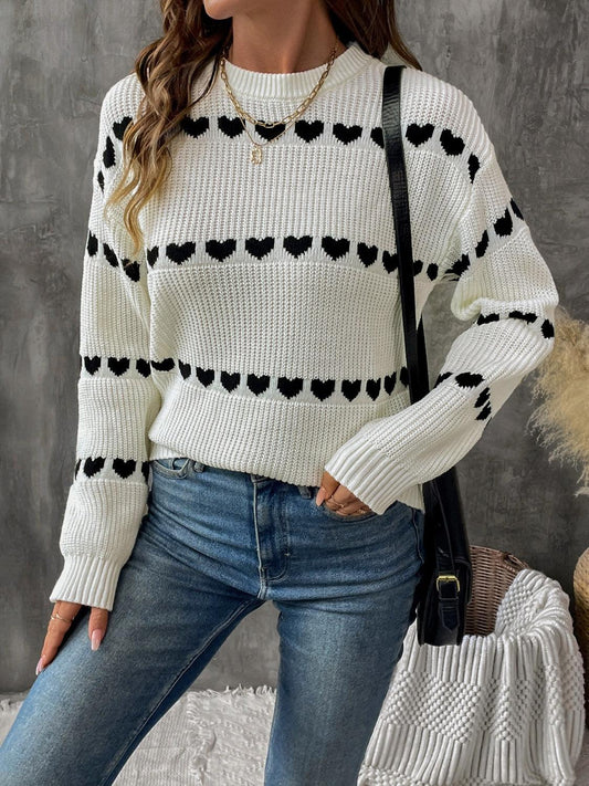 Perfee Heart Round Neck Long Sleeve Sweater Cream