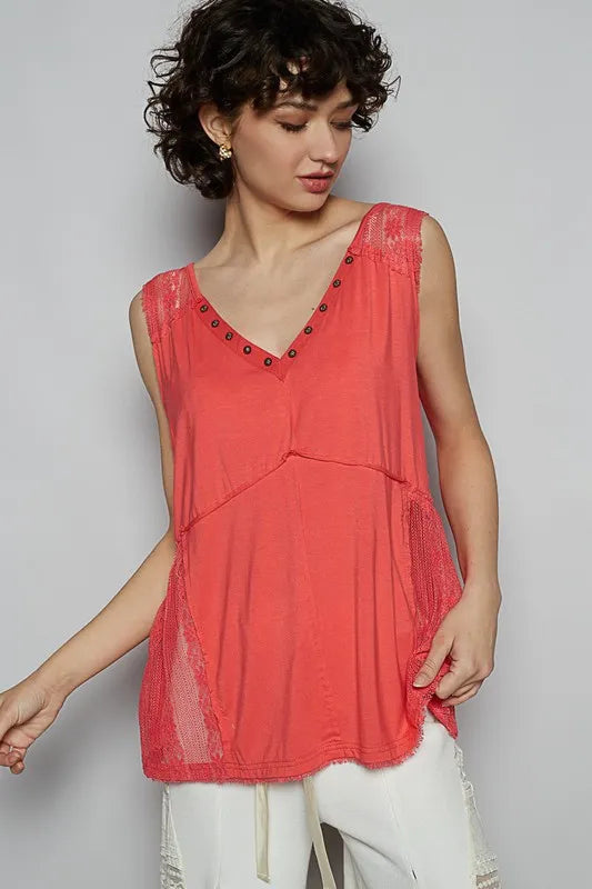 POL Lace Detail Studded Crisscross Back V-Neck Sleeveless Top Strawberry