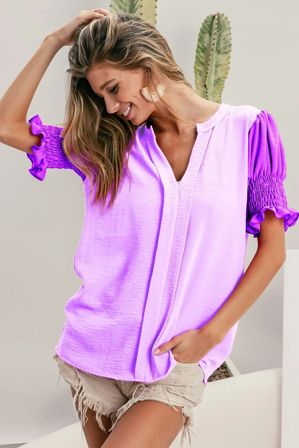 BiBi Air Flow Color Block Puff Sleeves V Neck Top LILAC DUSTY LAVENDER