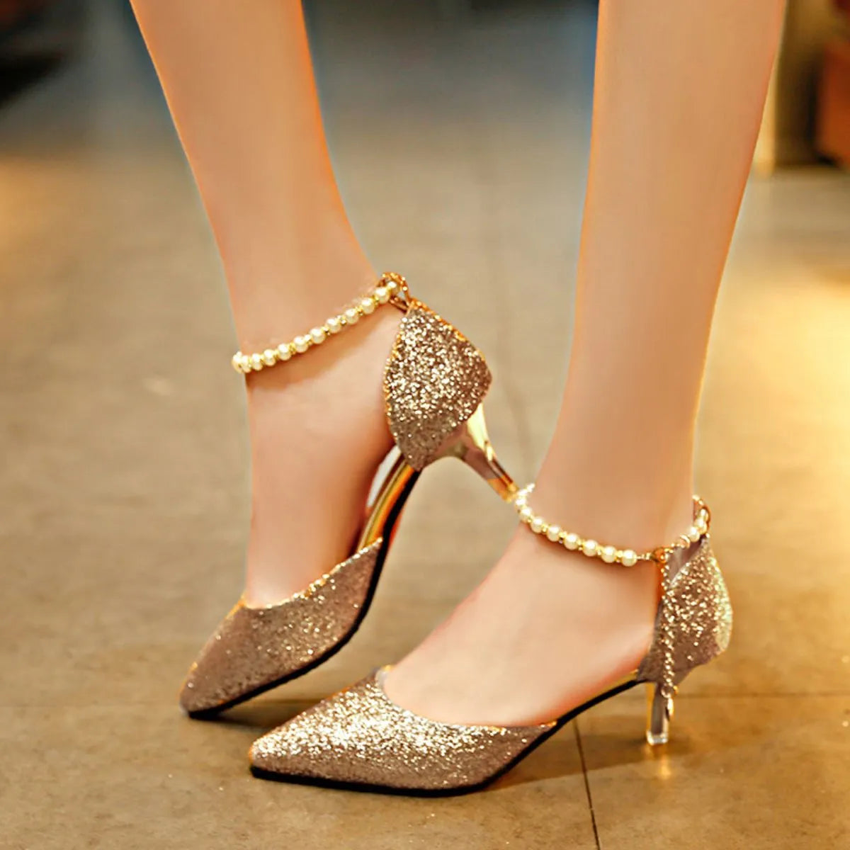 Point Toe Kitten Heels Pumps Gold