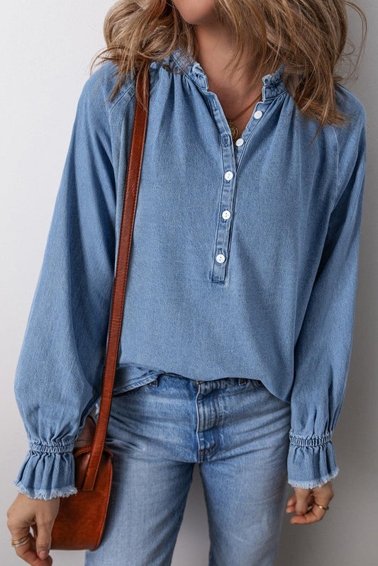 Half Button Long Sleeve Denim Top Light Blue