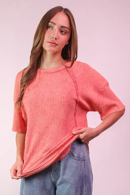 VERY J Mineral Washed Ribbed Knit Casual Top Coral