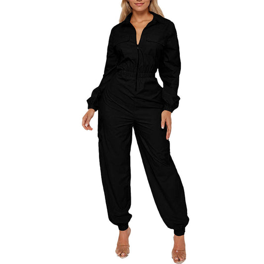 Flip Pocket Elastic Waist-tightening Zipper Jumpsuit