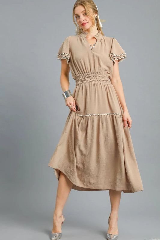 Umgee Tiered Flutter Sleeve Midi Dress Camel