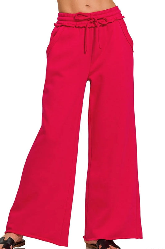 Zenana Fleece Exposed Seam Wide Leg Sweatpants RUBY