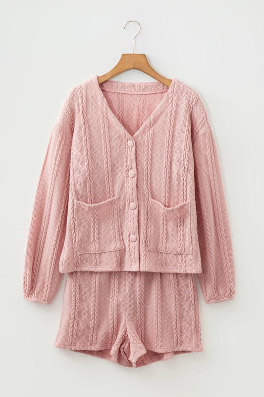 Cable Knit V-Neck Cardigan and Shorts Set