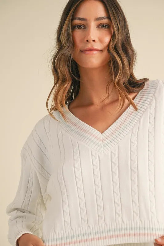 MABLE V-Neck Varsity Crop Knit Sweater and Skirt Set