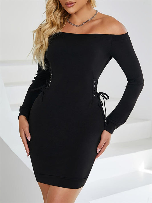 Lace-Up Off Shoulder Long Sleeve Mini Dress Black