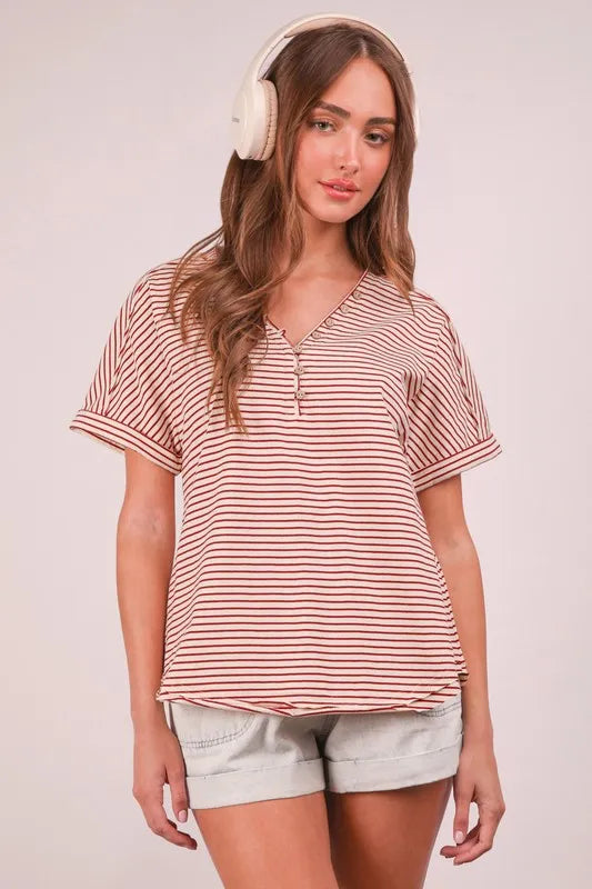 VERY J Striped V-Neck Short Sleeve T-Shirt Red