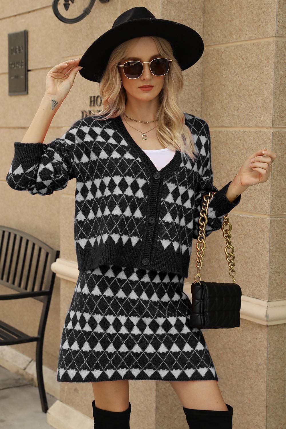 Geometric Button Front Cardigan and Skirt Set Black