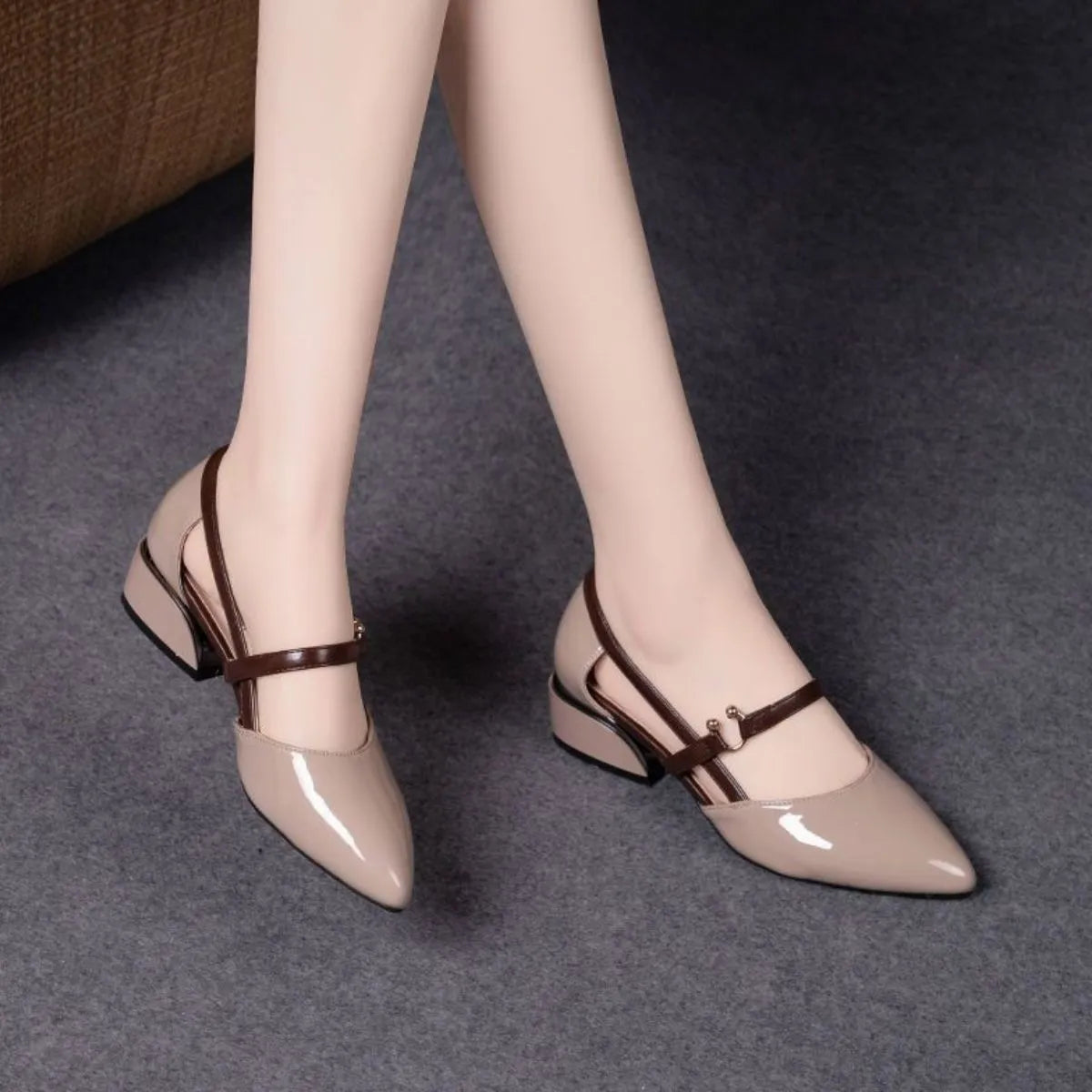 Point Toe Block Heels Pumps Apricot