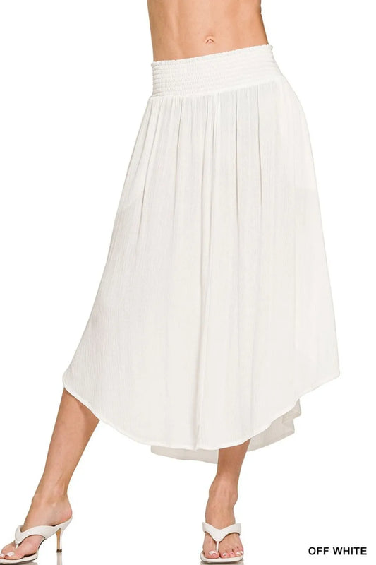 Zenana Woven Crinkle Smocked Waist Maxi Skirt W Pockets OFF WHITE