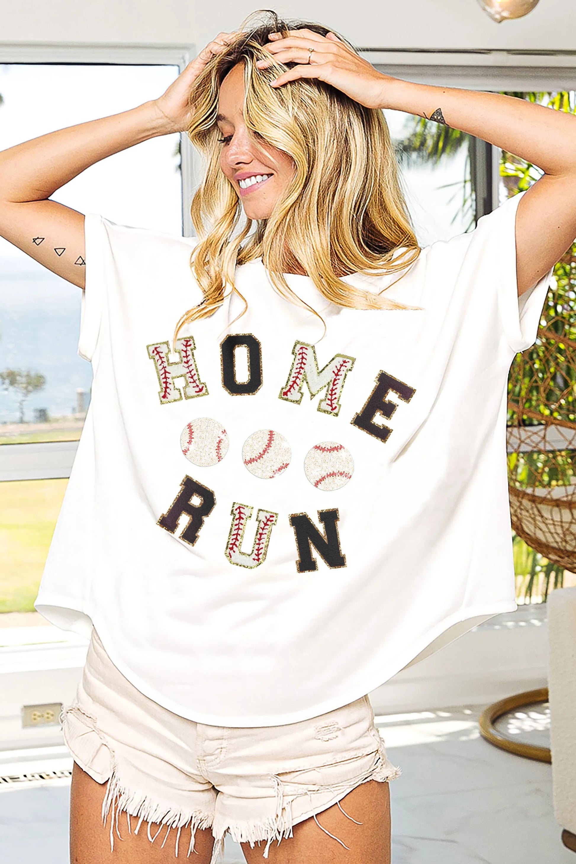 BiBi Baseballs Homerun Letter Washed Short Sleeve Top WHITE BLACK
