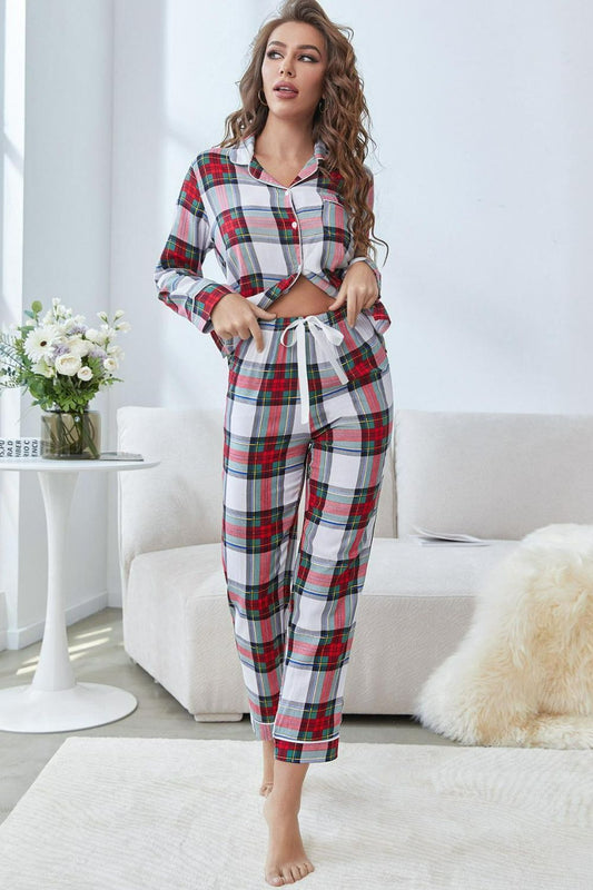 Plaid Button Front Top and Pants Lounge Set Plaid