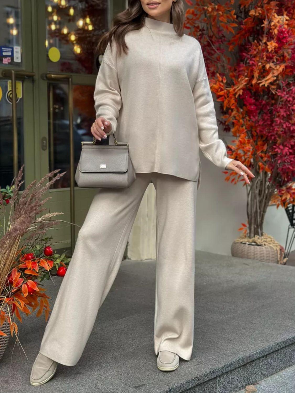Slit Mock Neck Top and Pants Sweater Set Dust Storm
