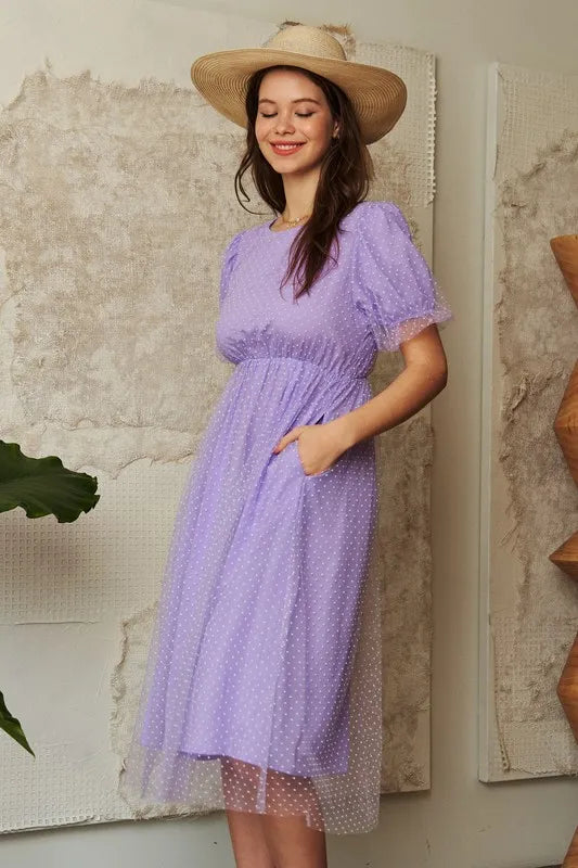 Davi & Dani Mesh Puff Short Sleeve Midi Dress
