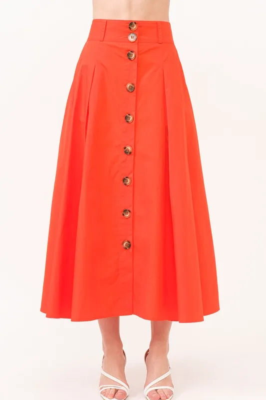And The Why Button Front Pleated Midi Skirt ORANGE